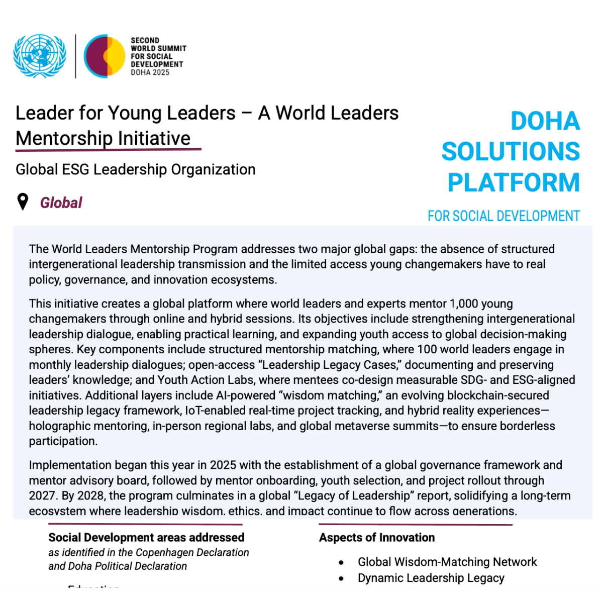 Leader for Young Leaders Doha Solutions Platform initiative
