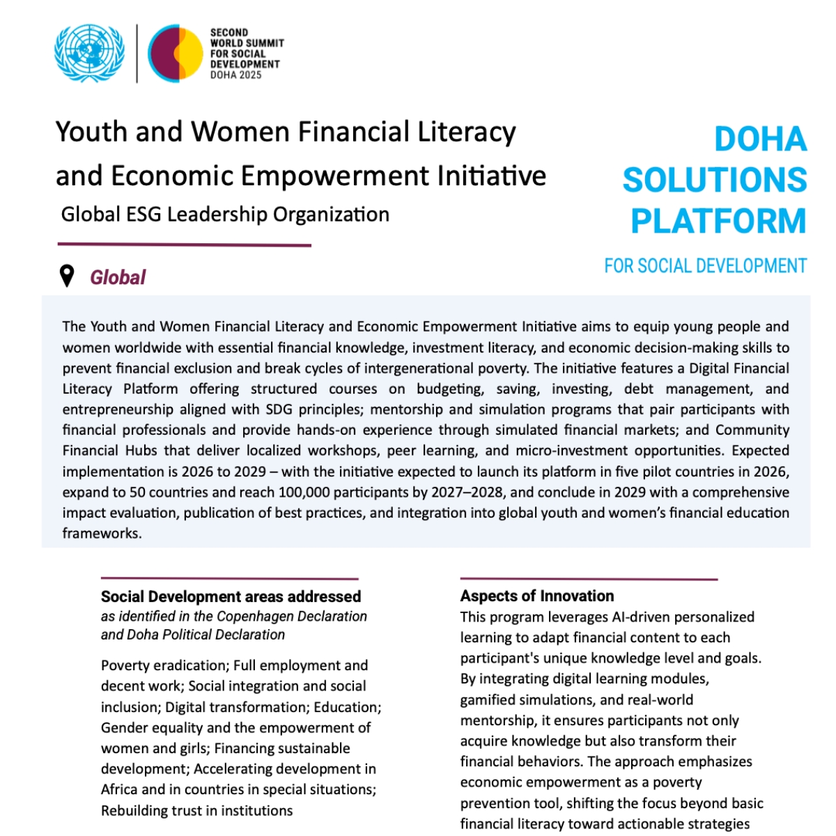 Youth and Women Financial Literacy Doha Solutions Platform initiative