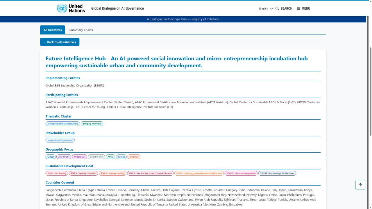 United Nations Global Dialogue on AI Governance registry page listing Future Intelligence Hub